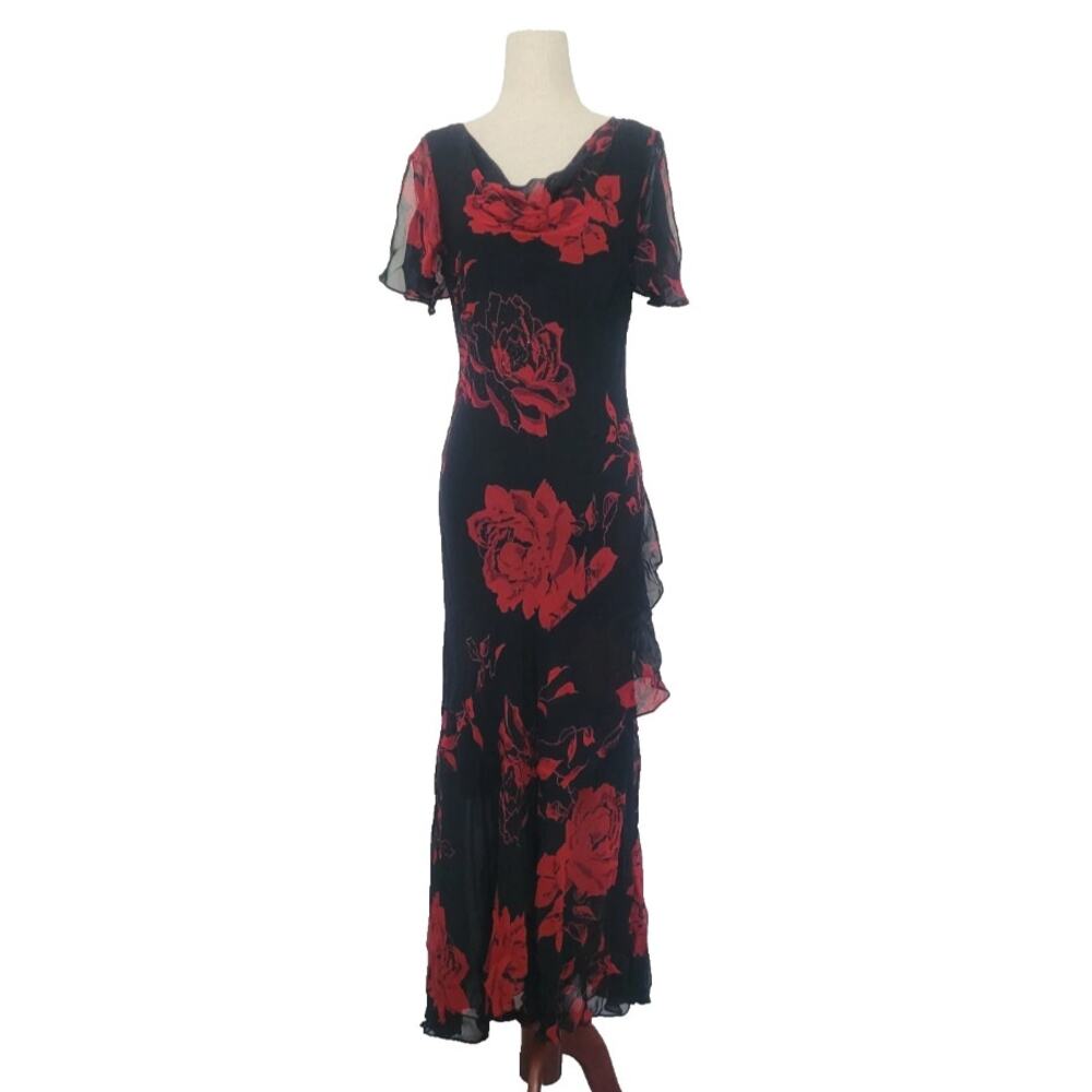 Vintage Y2k Floral Cowl Neck Beaded Maxi Dress Sz 12 Fairy Grunge Whimsigoth